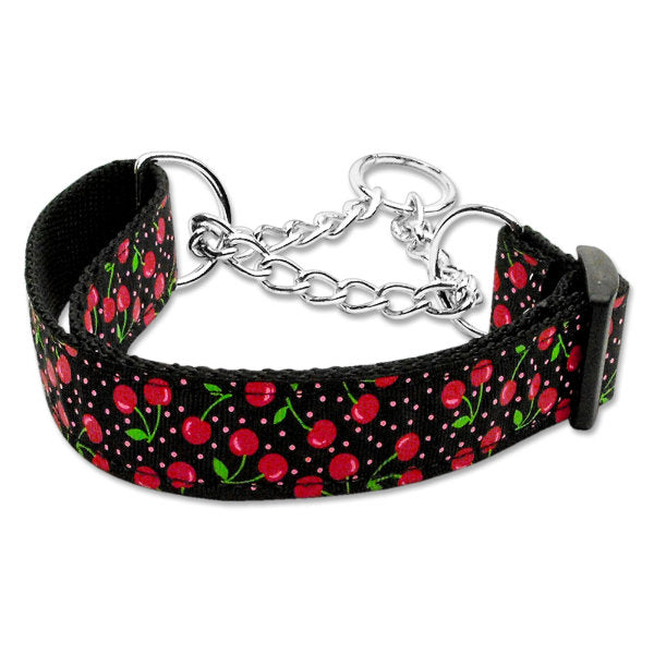 Cherries print martingale dog collar black