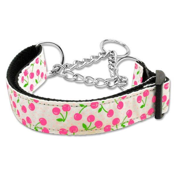 Cherries print martingale dog collar white