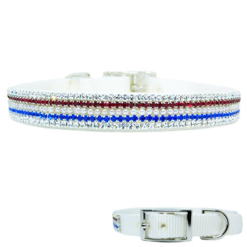 Patriotic red white and blue dog collar with pearls
