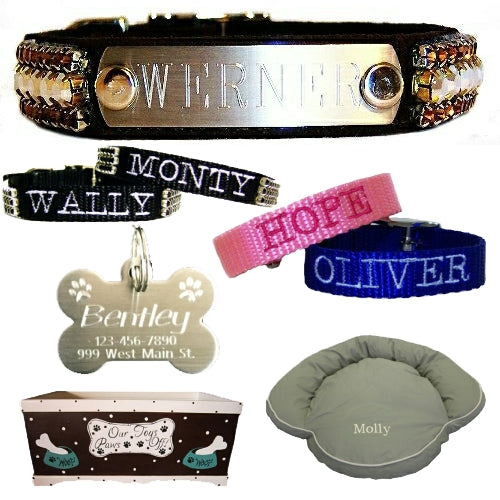 Personalized dog collars, personalized pet id tags, beds and toy boxes.