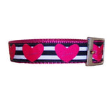 Valentines day dog collar with hearts and stripes side view