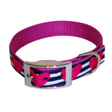 Valentines day dog collar with hearts and stripes top view