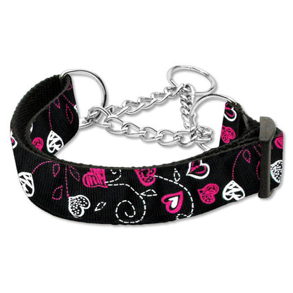 Hearts print martingale dog collar black