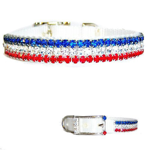 Red White and Blue Crystal Pet Collar - For dogs and cats - dog-collar-fancy