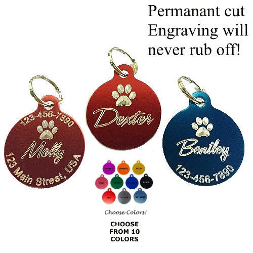Round diamond engraved personalized pet tag with paw