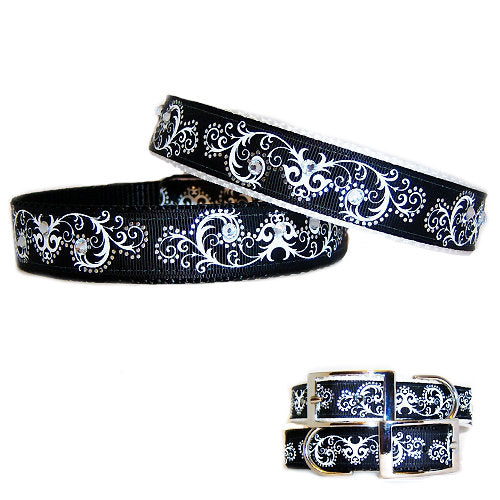 Scrolls and Bling Dog Collar one inch wide for medium to large dogs